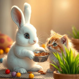 A heartwarming scene where a cute bunny is feeding an abandoned cat