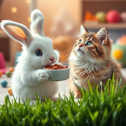 A delightful scene where a fluffy bunny is feeding a charming cat