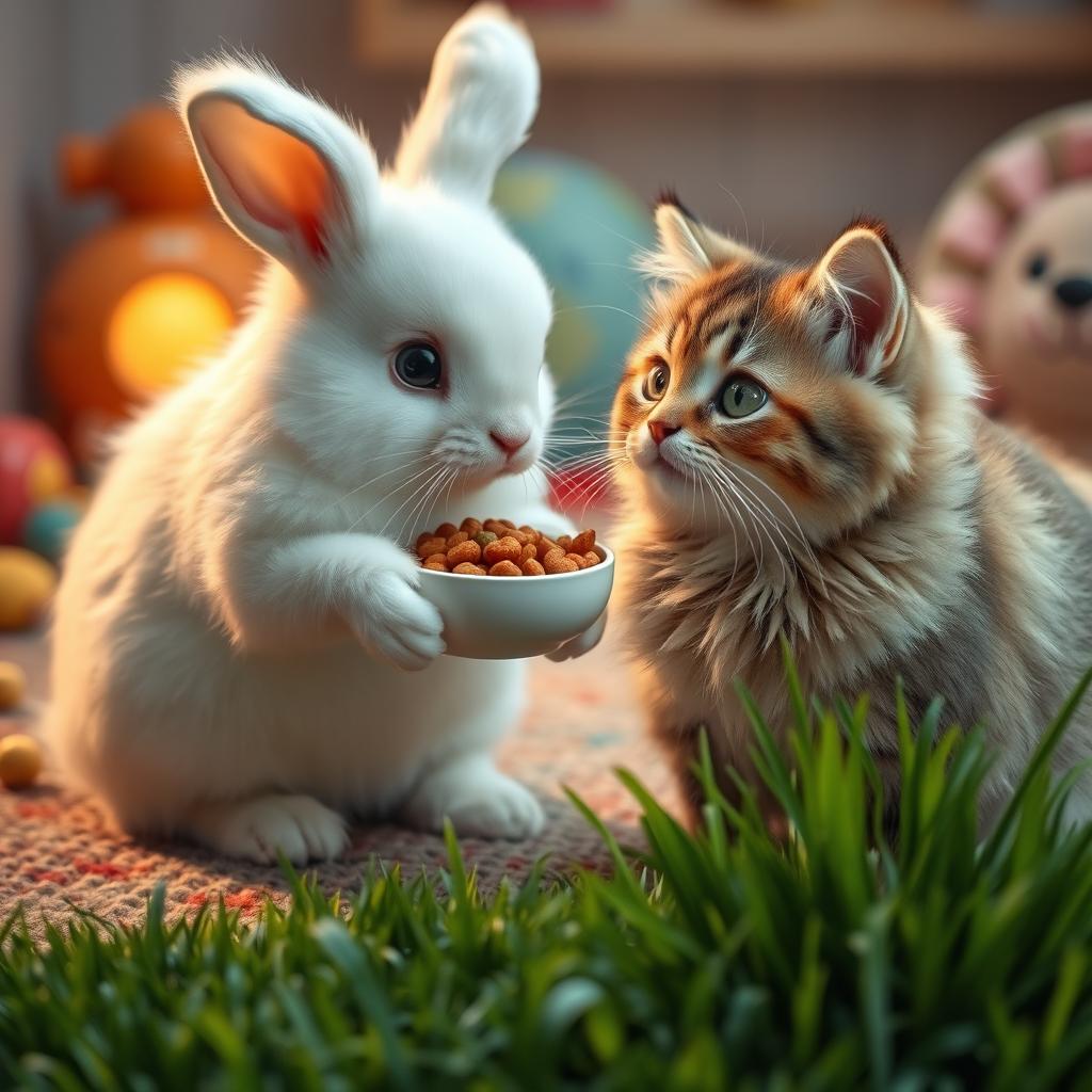 A delightful scene where a fluffy bunny is feeding a charming cat