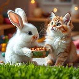 A delightful scene where a fluffy bunny is feeding a charming cat