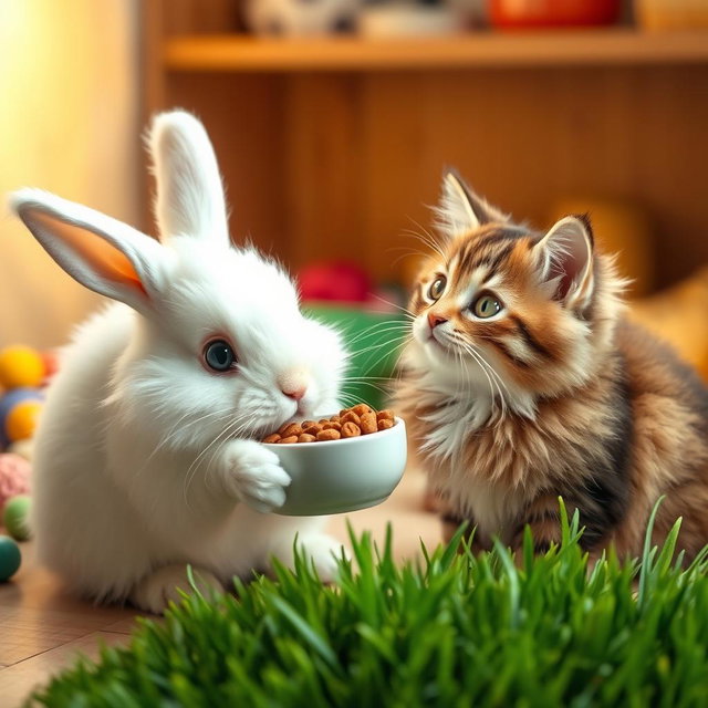 A delightful scene where a fluffy bunny is feeding a charming cat