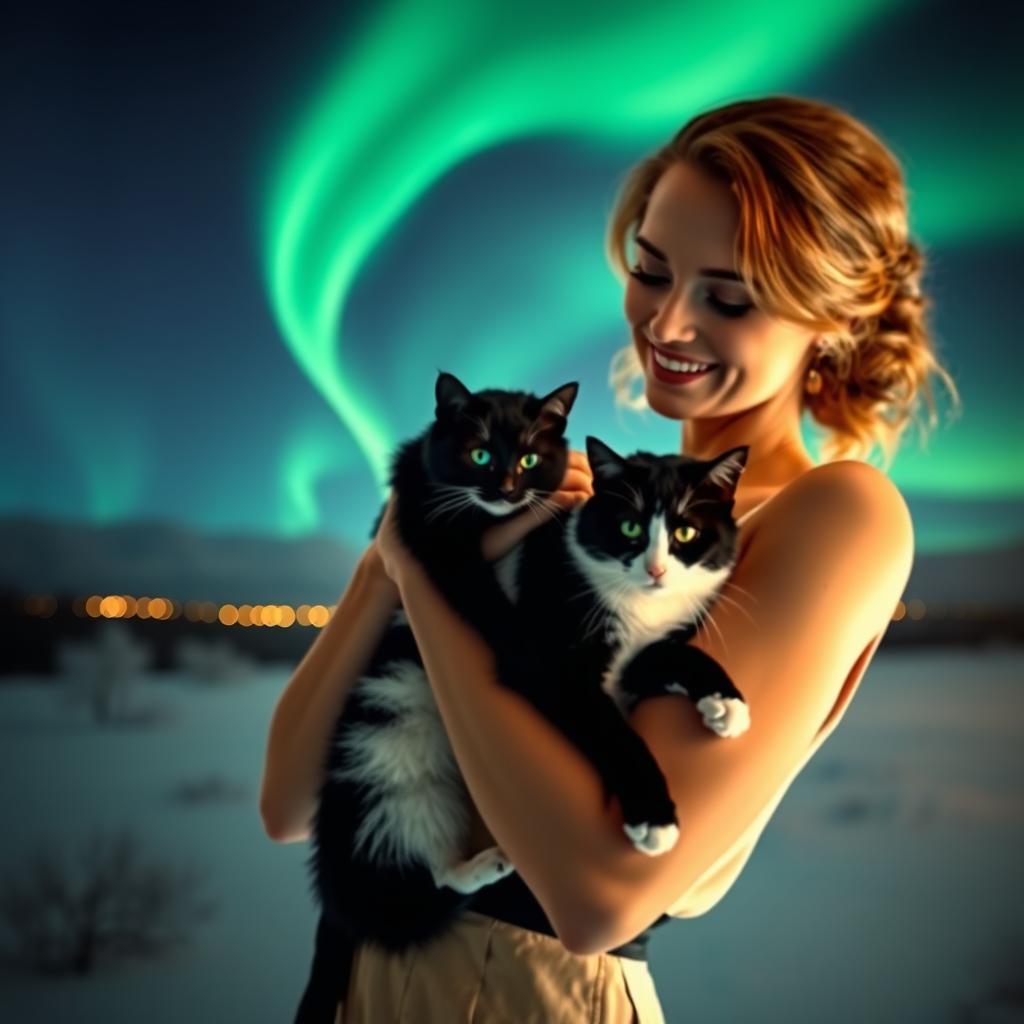 A fashionable woman in an elegant setting, wearing a stylish outfit, holding a tuxedo cat in her arms