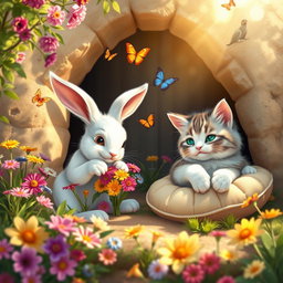 A magical scene depicting a bunny and a cat happily living together in their cozy burrow