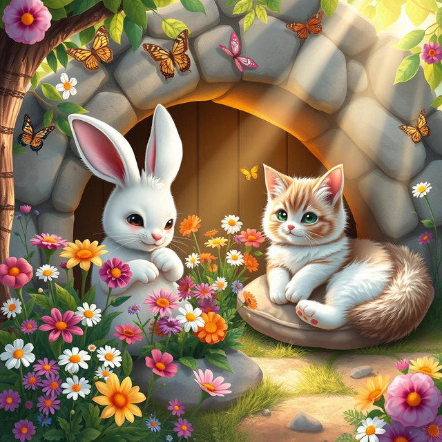 A magical scene depicting a bunny and a cat happily living together in their cozy burrow