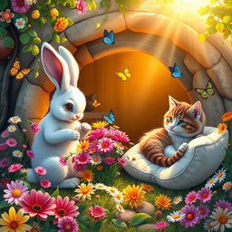 A magical scene depicting a bunny and a cat happily living together in their cozy burrow