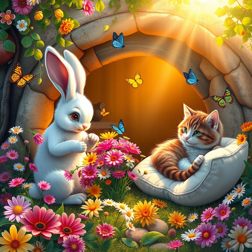 A magical scene depicting a bunny and a cat happily living together in their cozy burrow