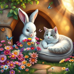 A magical scene depicting a bunny and a cat happily living together in their cozy burrow
