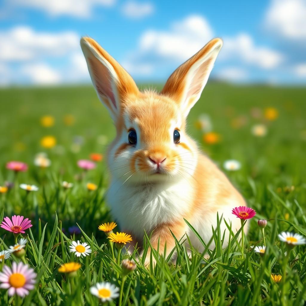 A cute baby bunny, with soft, fluffy fur, sitting adorably in a lush green meadow