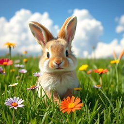 A cute baby bunny, with soft, fluffy fur, sitting adorably in a lush green meadow