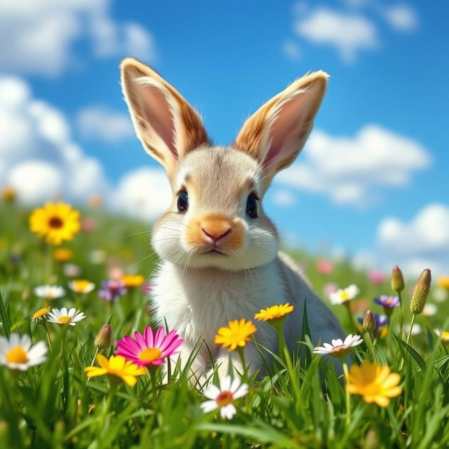 A cute baby bunny, with soft, fluffy fur, sitting adorably in a lush green meadow