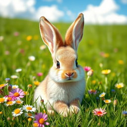A cute baby bunny, with soft, fluffy fur, sitting adorably in a lush green meadow
