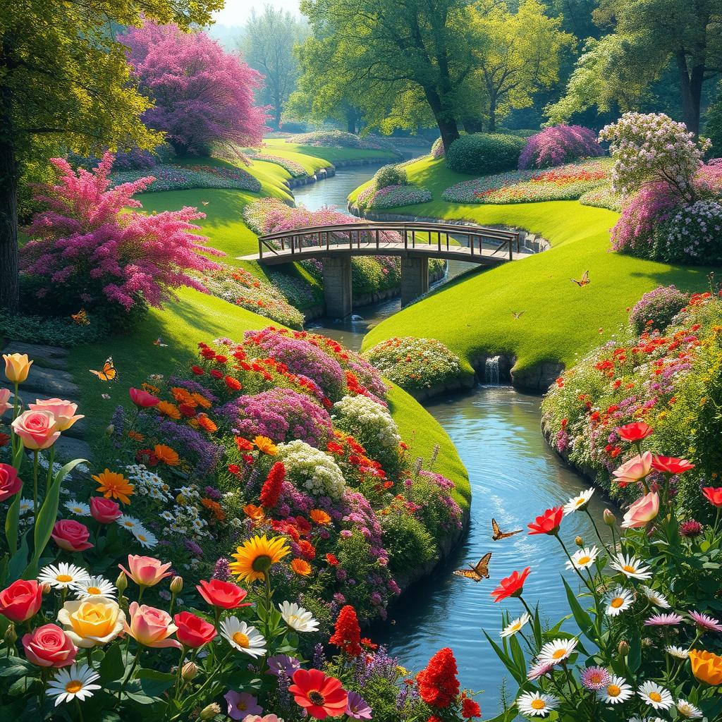 A stunning, vibrant garden featuring winding rivers gently flowing through lush, green landscapes