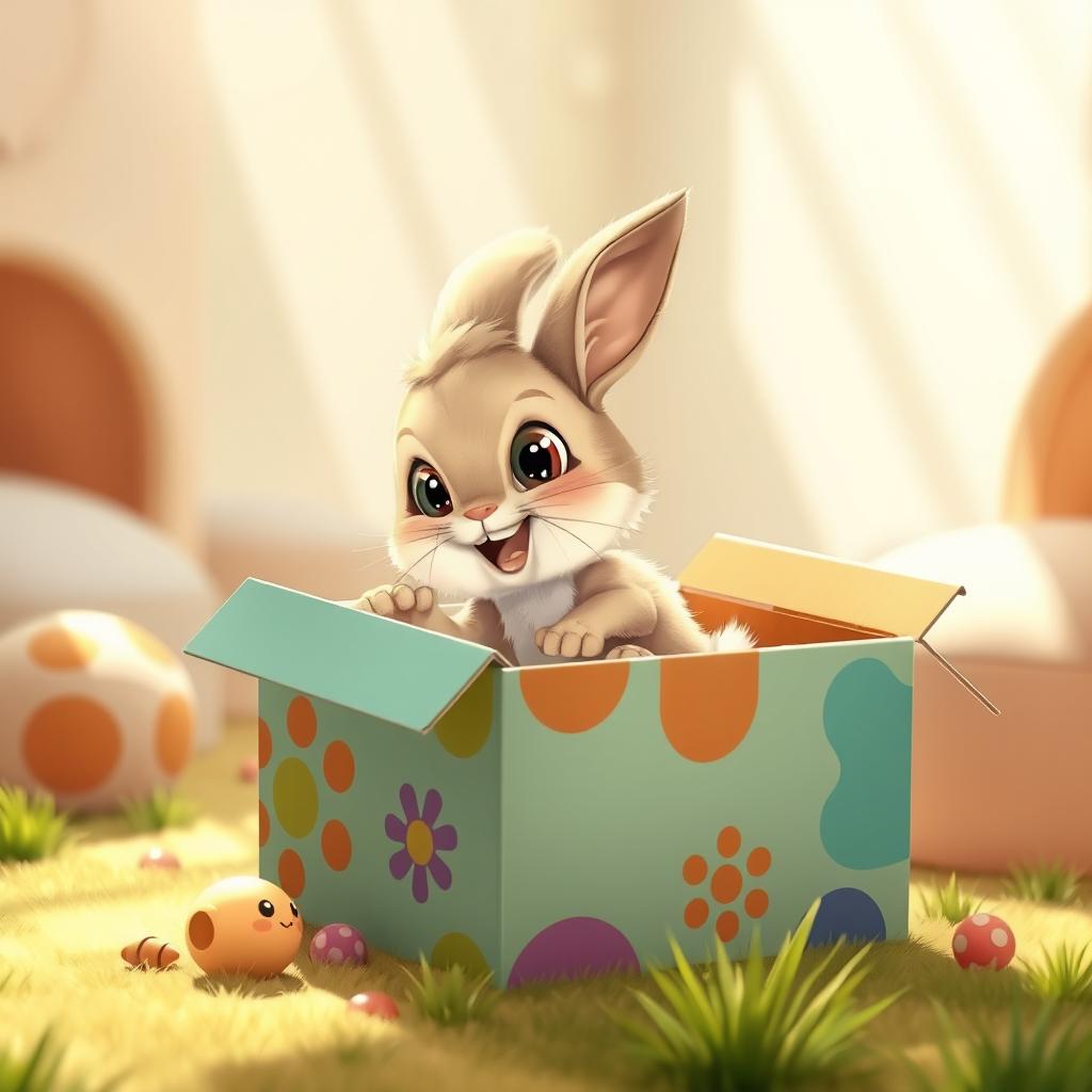 A cartoon realistic scene featuring a cute baby bunny happily bouncing around inside a small, colorful cardboard box