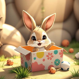 A cartoon realistic scene featuring a cute baby bunny happily bouncing around inside a small, colorful cardboard box