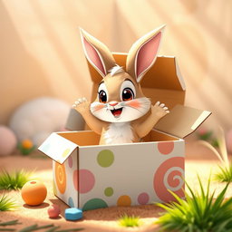 A cartoon realistic scene featuring a cute baby bunny happily bouncing around inside a small, colorful cardboard box