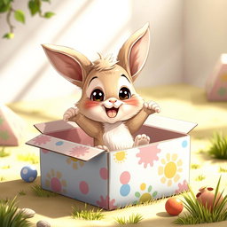 A cartoon realistic scene featuring a cute baby bunny happily bouncing around inside a small, colorful cardboard box