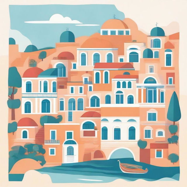 Create a vibrant and engaging illustration showcasing Greece's unique architecture, landscapes, and culture.