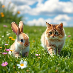 A cute baby bunny with soft, fluffy fur sitting in a lush green meadow, looking curious as a friendly cat approaches it