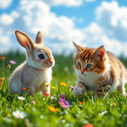 A cute baby bunny with soft, fluffy fur sitting in a lush green meadow, looking curious as a friendly cat approaches it