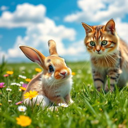 A cute baby bunny with soft, fluffy fur sitting in a lush green meadow, looking curious as a friendly cat approaches it