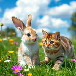 A cute baby bunny with soft, fluffy fur sitting in a lush green meadow, looking curious as a friendly cat approaches it