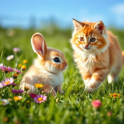 A cute baby bunny sitting in a lush green meadow, looking curiously as a fluffy cat approaches it