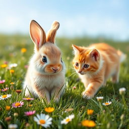A cute baby bunny sitting in a lush green meadow, looking curiously as a fluffy cat approaches it