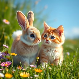 A cute baby bunny sitting in a lush green meadow, looking curiously as a fluffy cat approaches it