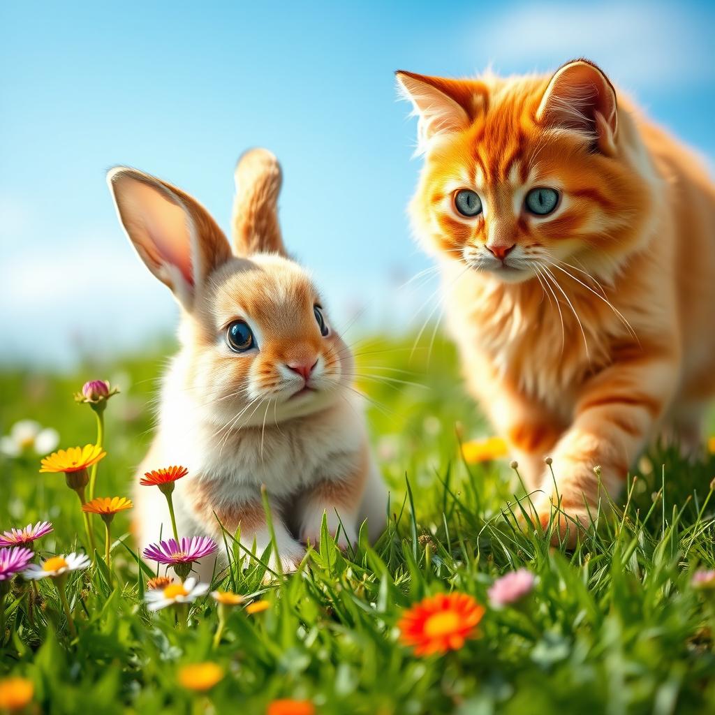 A cute baby bunny sitting in a lush green meadow, looking curiously as a fluffy cat approaches it