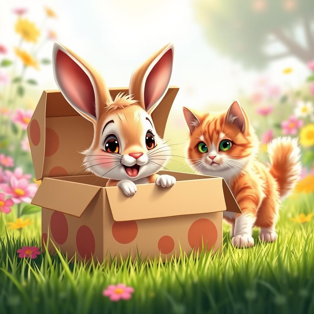 A cartoon realistic scene featuring a baby bunny happily bounding around in a colorful cardboard box, while a playful cat approaches