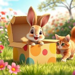 A cartoon realistic scene featuring a baby bunny happily bounding around in a colorful cardboard box, while a playful cat approaches