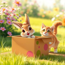 A cartoon realistic scene featuring a baby bunny happily bounding around in a colorful cardboard box, while a playful cat approaches
