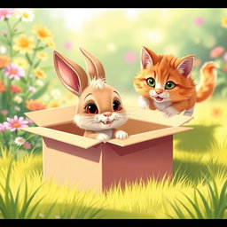 A cartoon realistic scene featuring a baby bunny happily bounding around in a colorful cardboard box, while a playful cat approaches