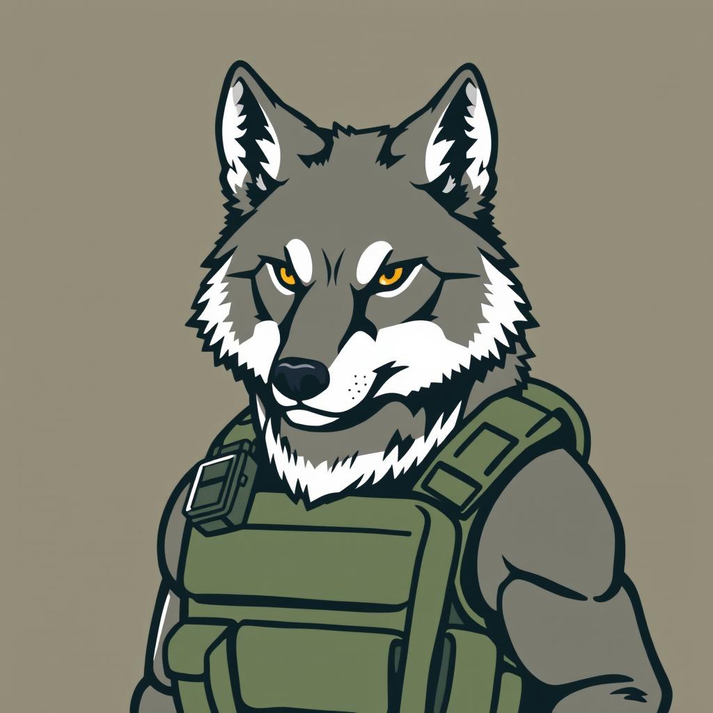A stylized illustration of a wolf dressed in basic military gear, featuring a tactical vest and a small radio