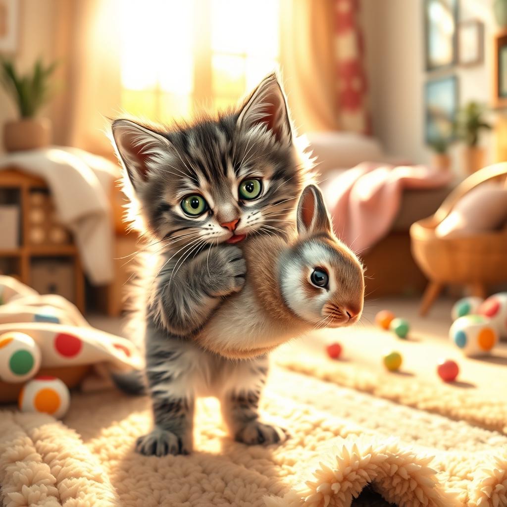 A heartwarming scene depicting a fluffy kitten gently carrying a baby bunny in its mouth, showcasing the bond between them