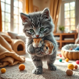 A realistic and heartwarming scene depicting a fluffy gray kitten gently carrying a baby bunny in its mouth, showcasing the tender moment between them