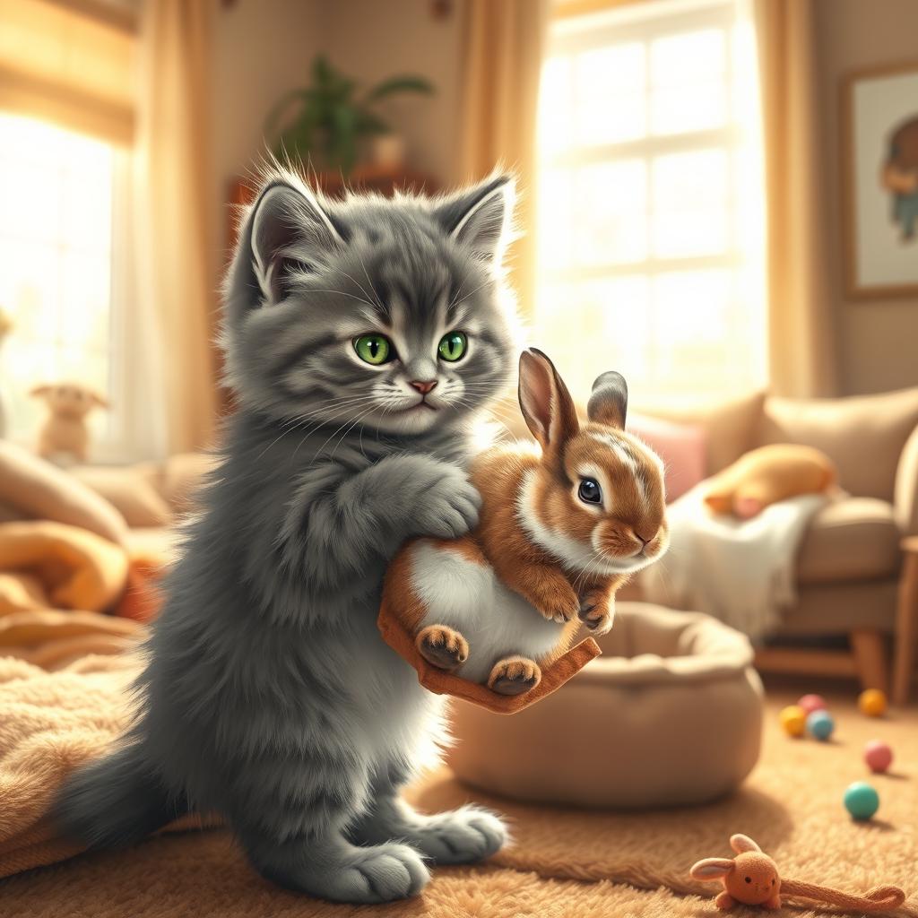 A realistic and heartwarming scene depicting a fluffy gray kitten gently carrying a baby bunny in its mouth, showcasing the tender moment between them