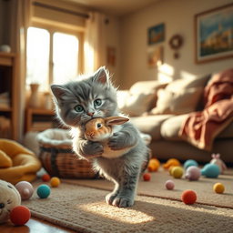 A realistic and heartwarming scene depicting a fluffy gray kitten gently carrying a baby bunny in its mouth, showcasing the tender moment between them