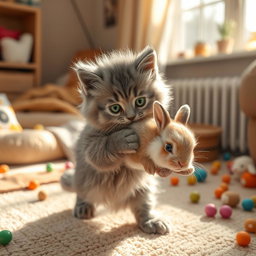 A realistic and heartwarming scene depicting a fluffy gray kitten gently carrying a baby bunny in its mouth, showcasing the tender moment between them