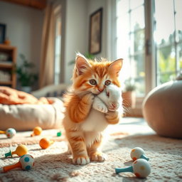 A heartwarming and realistic scene of a fluffy orange kitten gently carrying a small bunny in its mouth, showcasing the tender nature of the moment
