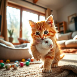 A heartwarming and realistic scene of a fluffy orange kitten gently carrying a small bunny in its mouth, showcasing the tender nature of the moment