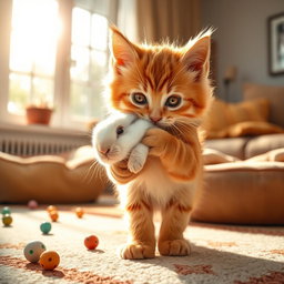 A heartwarming and realistic scene of a fluffy orange kitten gently carrying a small bunny in its mouth, showcasing the tender nature of the moment