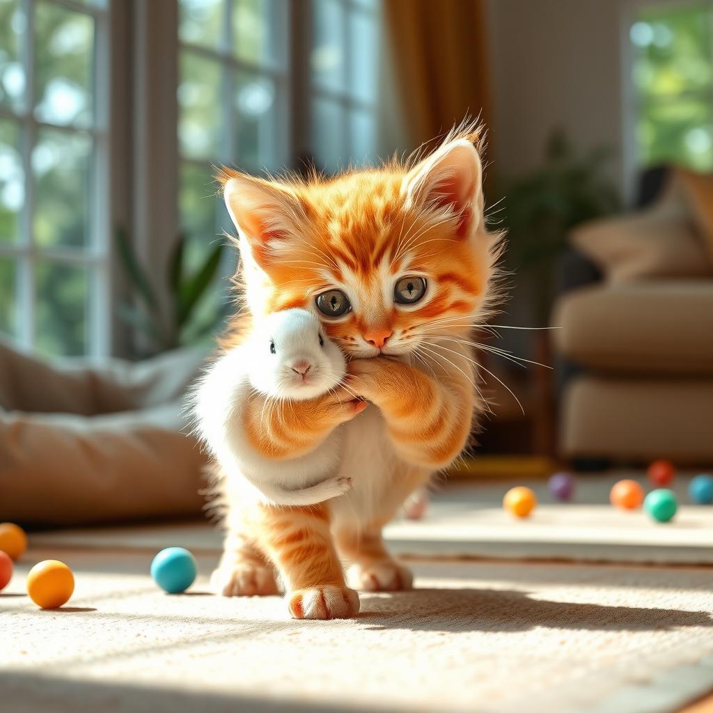 A heartwarming and realistic scene of a fluffy orange kitten gently carrying a small bunny in its mouth, showcasing the tender nature of the moment