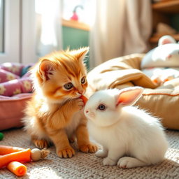 A charming scene of a fluffy orange kitten lovingly feeding a small bunny
