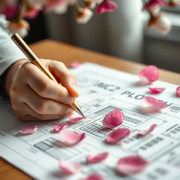 A close-up view of a hand skillfully sketching a detailed building plan on a sheet of paper