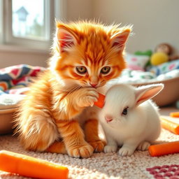 A charming scene of a fluffy orange kitten lovingly feeding a small bunny