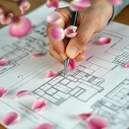 A close-up view of a hand skillfully sketching a detailed building plan on a sheet of paper