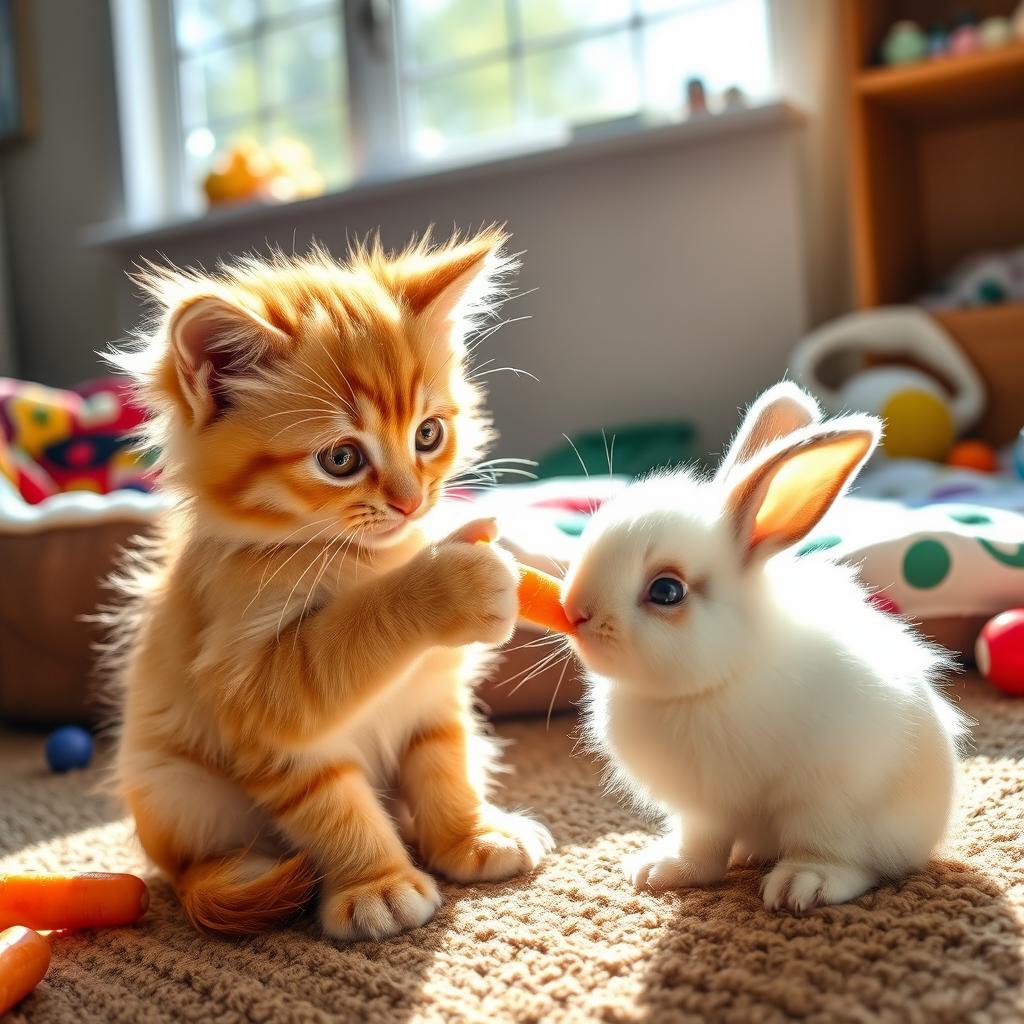 A charming scene of a fluffy orange kitten lovingly feeding a small bunny