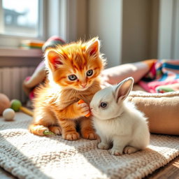 A charming scene of a fluffy orange kitten lovingly feeding a small bunny
