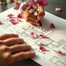 A close-up view of a hand skillfully sketching a detailed building plan on a sheet of paper
